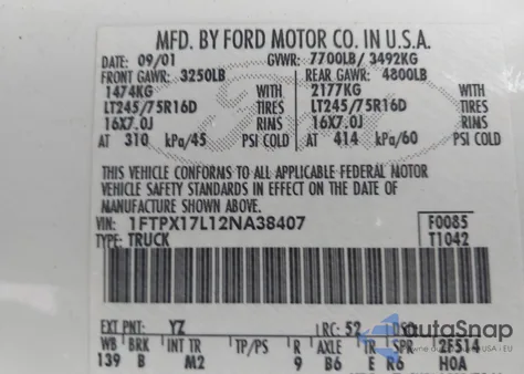 2002 Ford F-150 Lariat/Xl/Xlt from USA, damaged, VIN 1FTPX17L12NA38407